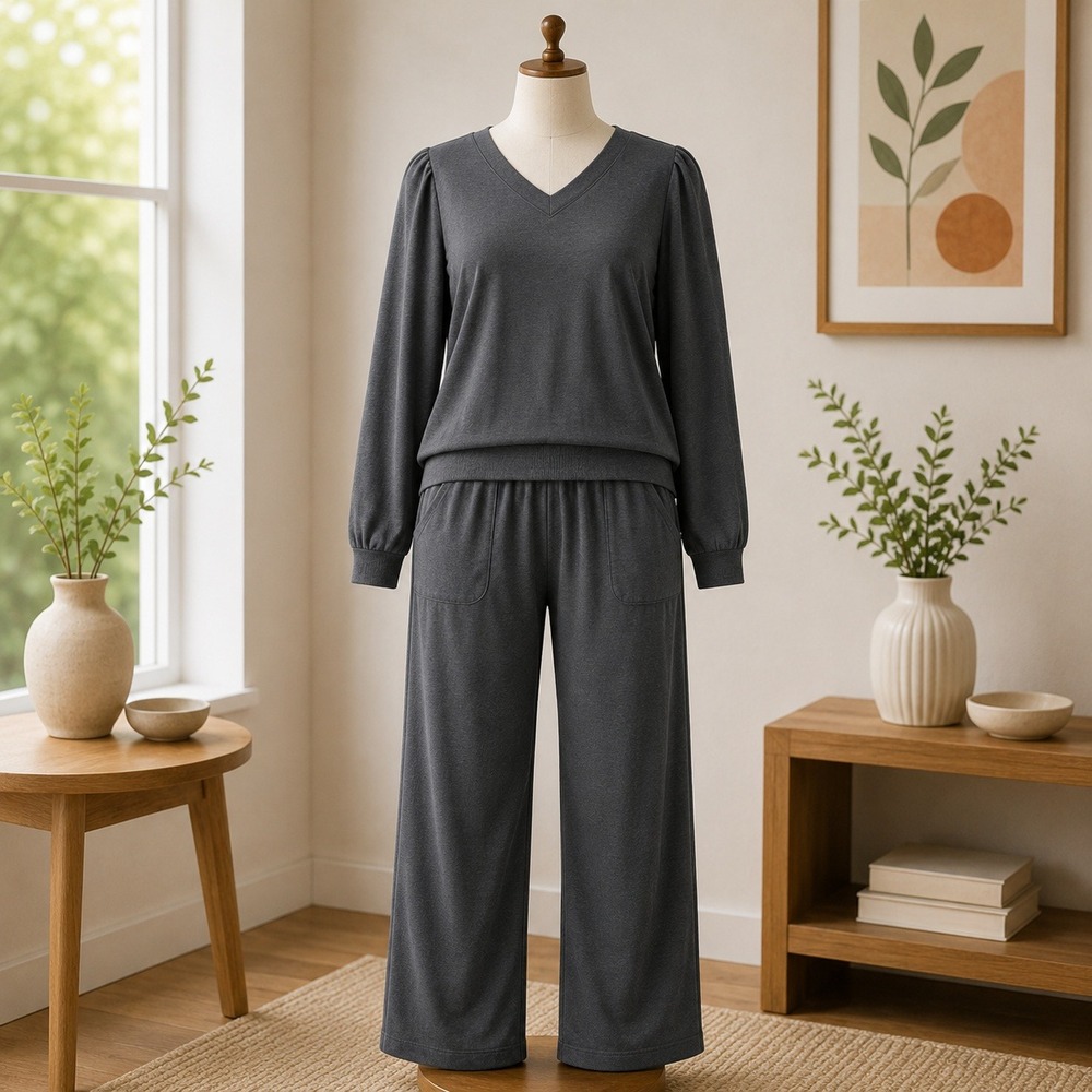 AnyBody Mens Plus Size 4X Black Lounge Set V-Neck Puff Sleeve Top Elastic Pants